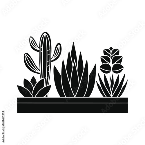 Silhouette Vector Illustration of Assorted Succulent and Desert Plants in Garden Row Featuring Aloe, Echeveria, and Leafy Botanical Elements