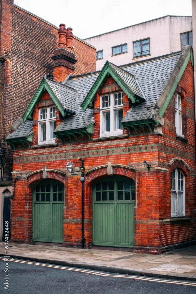 Fototapeta premium Beautiful old brick building with a unique design located on a quiet street, showcasing green accents and charming architecture in the heart of the city during early morning light
