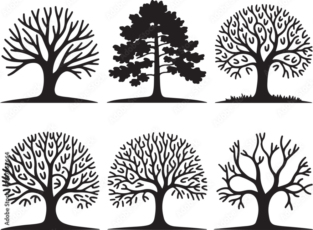 Obraz premium Set of Tree Silhouettes Vector – Deciduous and Evergreen Trees, Bare Winter Branches, Black Forest Icons