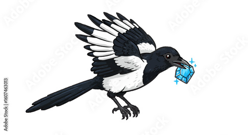 A magpie stealing shiny object, vector mischief style, white background