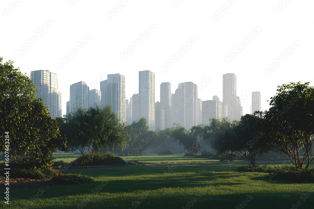 Fototapeta premium Distant Cityscape with Layered Skyscrapers and Park Zone in Foreground, Atmospheric Depth, Isolated PNG