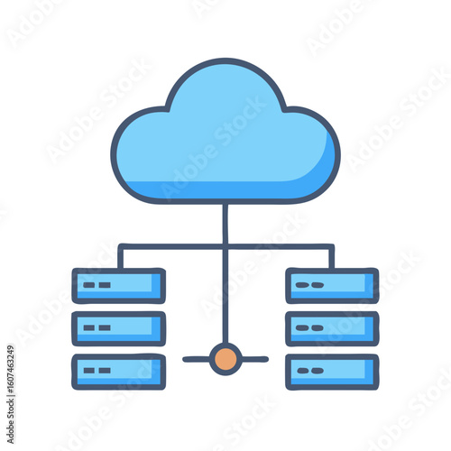 Stylized cloud computing network with servers connection graphic