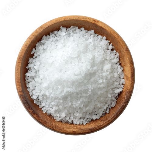 Salt in Wooden Bowl: Overhead view of a wooden bowl brimming with coarse salt. perfect for culinary projects.