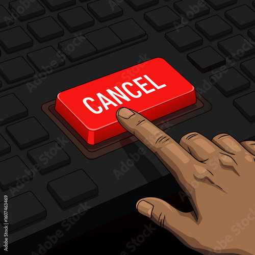 A metaphor for the inability to make decisions. The trembling hand over the large red "CANCEL" button symbolizes the fear of making a mistake and the difficulty of making a final decision.