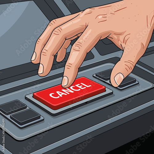 A metaphor for the inability to make decisions. The trembling hand over the large red "CANCEL" button symbolizes the fear of making a mistake and the difficulty of making a final decision.