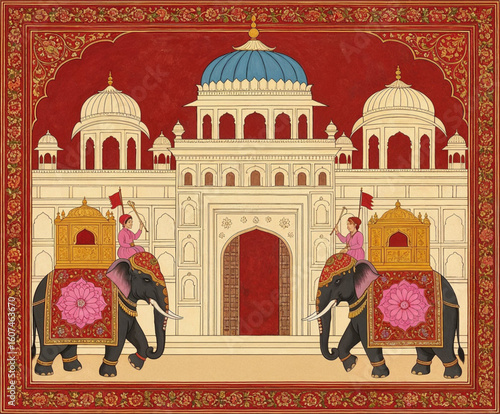 Traditional Mughal Wedding Invitation Card – Indian Marriage Greeting Template with Elephants Vector Illustration