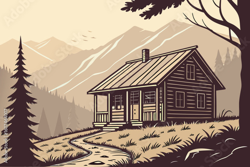   wooden cabin, rustic hut, remote location, mountainous landscape, hazy atmosphere, dramatic lighting, scenic overlook, serene countryside, wilderness setting, tranquil retreat