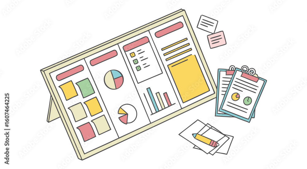 Fototapeta premium Desk presentation board with charts and papers graphs