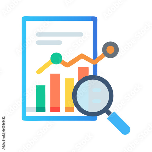 Colorful business report with magnifying glass over chart