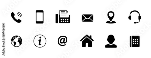 Collection of contact methods icons including phone, email, address, and social media in black color
