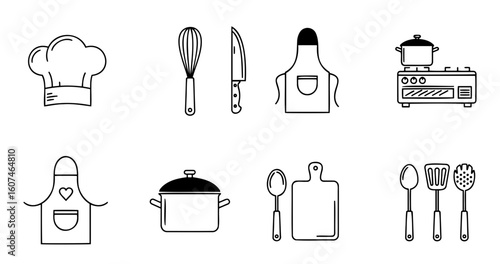 Vector Illustration of various kitchen utensils including a chef hat aprons and cooking tools on transparent background