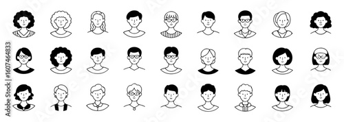 Vector Illustration showing a collection of diverse hand drawn faces with different hairstyles and accessories