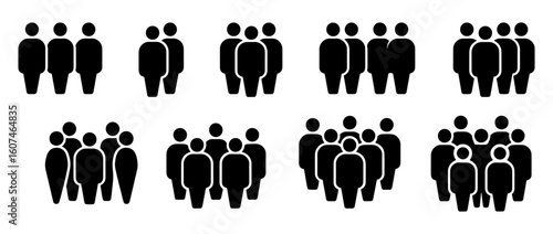 Vector Illustration showing multiple groups of people with varying sizes in a simple black and white design style