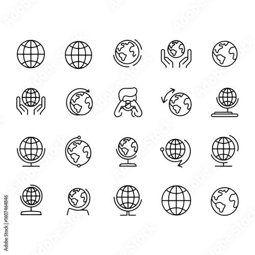 Vector Illustration showing a variety of globe icons, including globes on stands and globes in hands icons