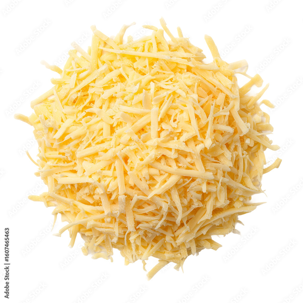 Fototapeta premium Grated Cheese: A high-angle, photorealistic close-up view showcases a mound of grated cheese, perfect for culinary uses.