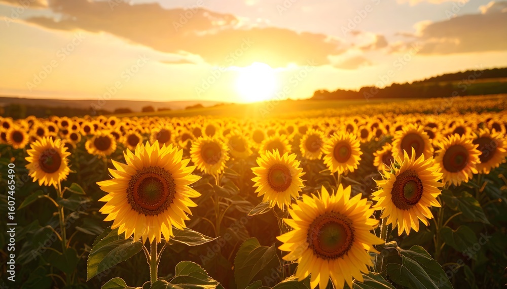 Obraz premium Golden sunflowers at sunset field view
