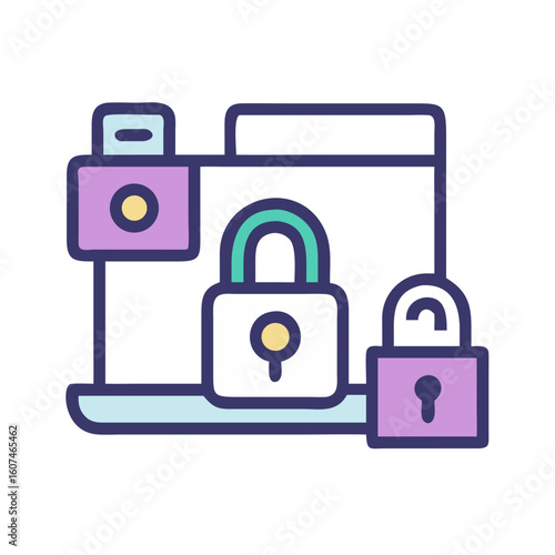 Laptop with cybersecurity locks illustration, digital protection concept art