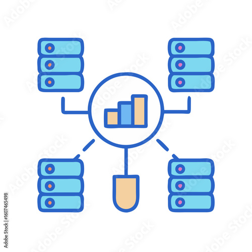 Centralized data network connecting to multiple servers via diagrams