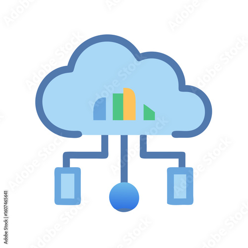 Cloud computing illustration connecting devices with data visualization elements