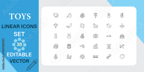 A set of 30 editable vector linear icons depicting various toys. Includes diverse toy types for design projects. Simple, clean lines.