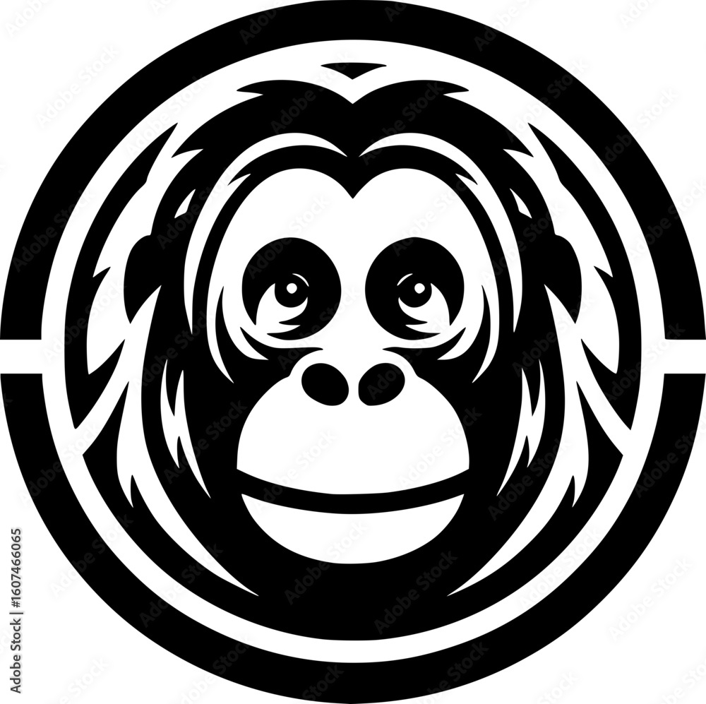 Fototapeta premium Minimalist black and white orangutan icon with clean lines. Modern, scalable design perfect for logos, stickers, or digital use.