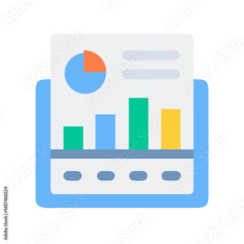 Financial report with bar and pie chart on screen