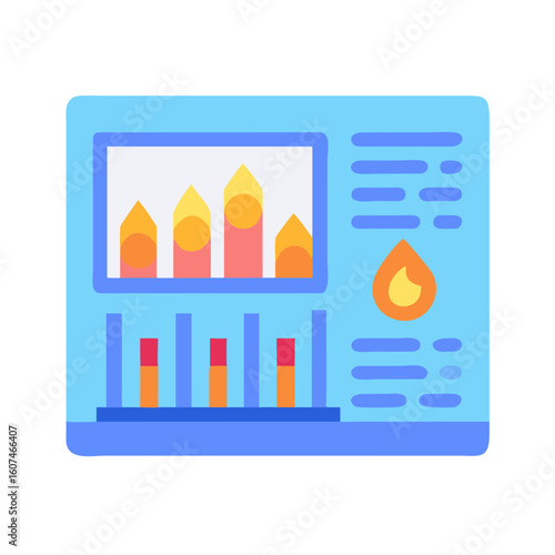 Stylized monitor displaying energy statistics and related data visualization
