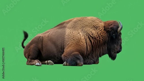 European Bison Lying Down on Green Screen