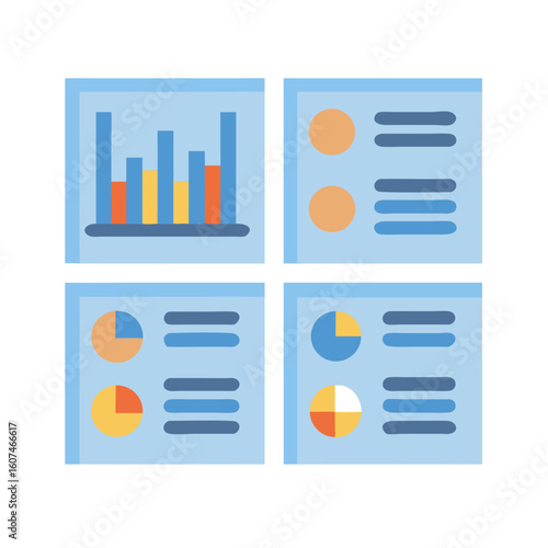 Four information dashboards displaying data charts and summary lists
