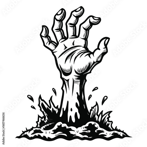 Zombie Hand Rising from the Ground Black and White Doodle