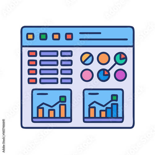 Colorful dashboard interface with charts and graphs illustration