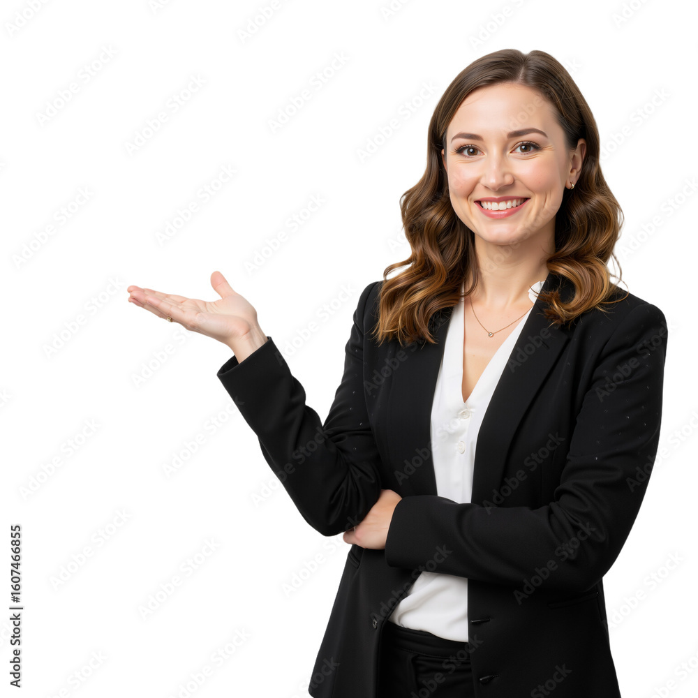 Confident woman in a black blazer and white blouse, smiling and gesturing warmly against a transparent background, AI generated. Confident woman in a black blazer and white blouse, smiling and gesturing warmly against a transparent background, AI generated.