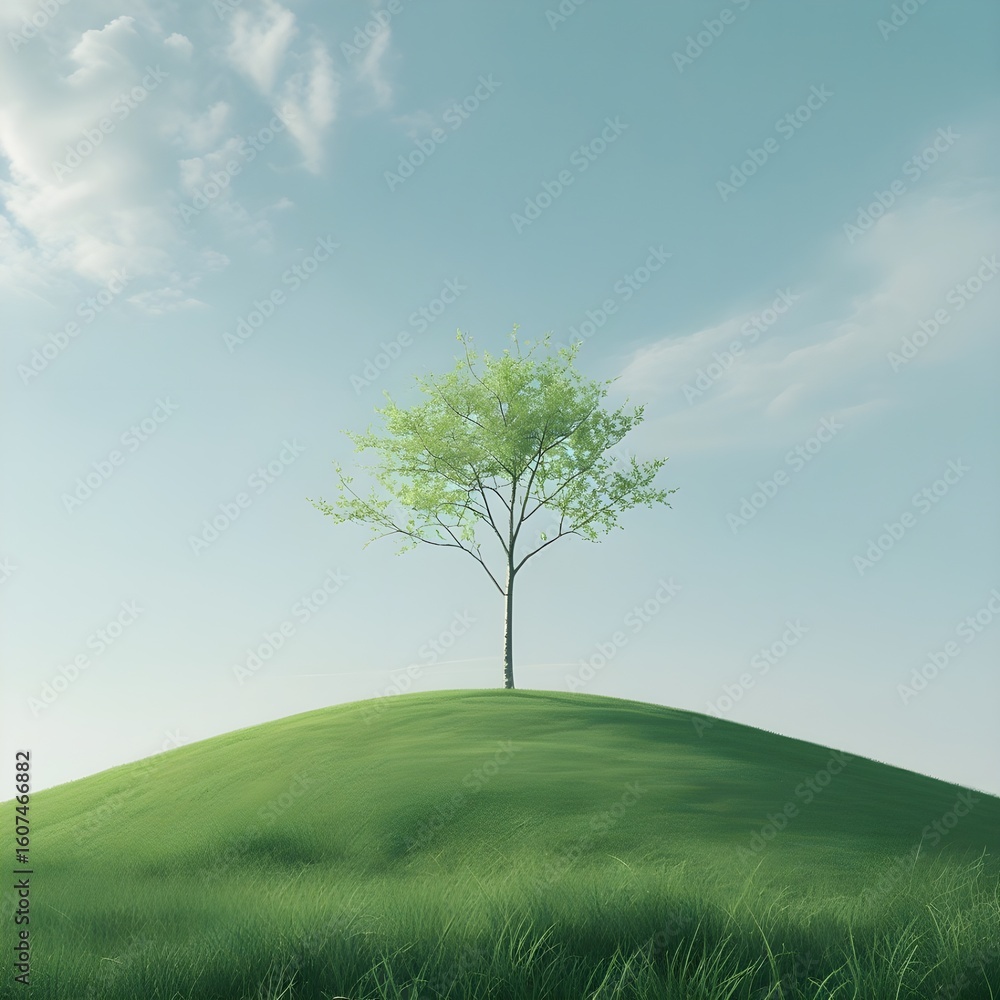 Fototapeta premium Vibrant green tree gracefully standing alone on a peaceful rolling hill under a serene clear blue sky, symbolizing growth, solitude, and natural harmony.