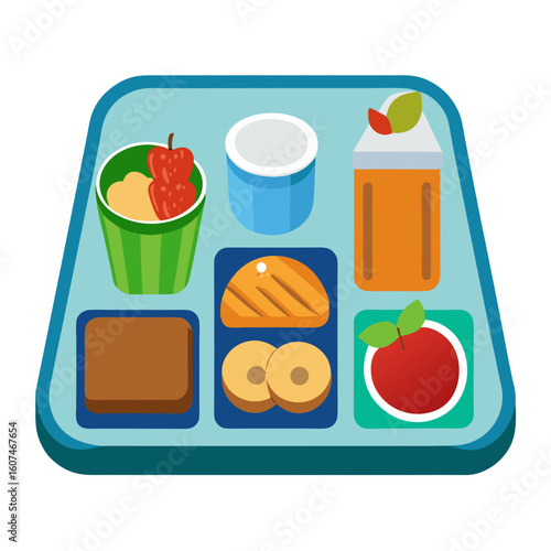 Healthy school lunch tray with fruit yogurt bread and juice