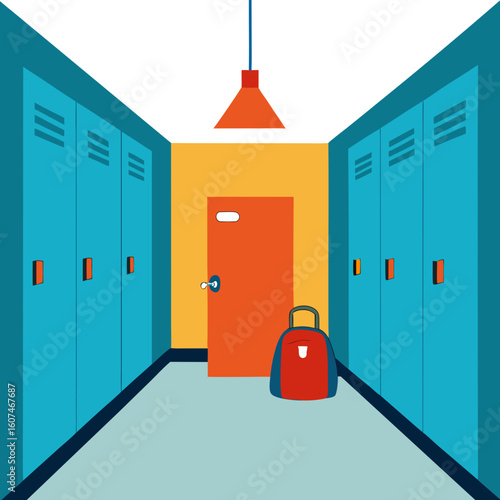 Empty school hallway with blue lockers and an orange door with a bag