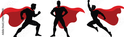 Superhero silhouette set, dynamic red cape figures, heroic action poses, bold flying and fighting stances, iconic comic-inspired designs