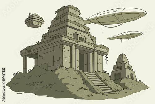Illustration of an ancient temple ruin with flying saucers in a retro science fiction style scene