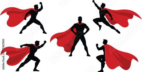 Silhouette superheroes set with red capes, dynamic action poses, bold heroic figures in flight, power stance, kneeling and running