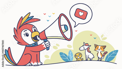 Cartoon parrot with megaphone announces love message to unicorn fox and chick in a cute illustration