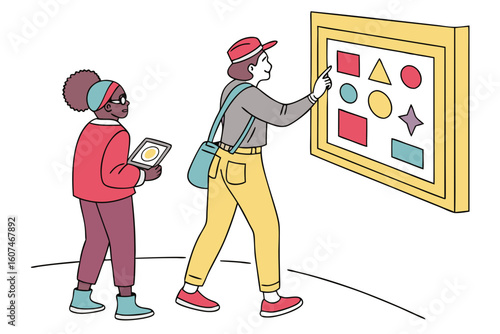 Two people viewing geometric art in a museum with one pointing at the shapes on the wall art piece