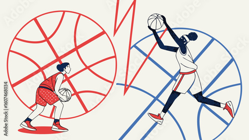 Two basketball players facing off with a large red basketball and blue basketball behind them in the scene
