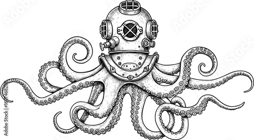 Octopus with vintage diving helmet sketch, marine creature illustration, underwater exploration art, steampunk ocean life, detailed tentacle drawing