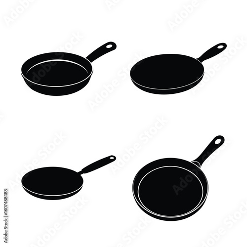 Kitchen Tools Silhouettes – Frying Pan and Skillet Icon Set, Black Vector Collection of Kitchen Utensils Isolated on White Background
