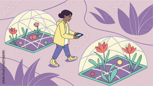Person with tablet walking past enclosed tulip gardens with balls on a light purple background art