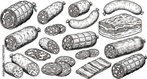 Artistic sausage and cured meat illustration, gourmet food sketch, textured charcuterie design, deli meat artwork, handcrafted culinary scene