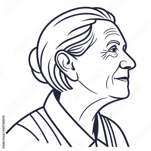 Line art portrait of an older woman with short hair in profile facing right with visible wrinkles