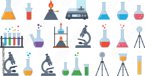 Colorful science lab tools, test tubes, flasks, chemical liquids, Bunsen burner setup, microscopes, lab instruments, experimental research scene