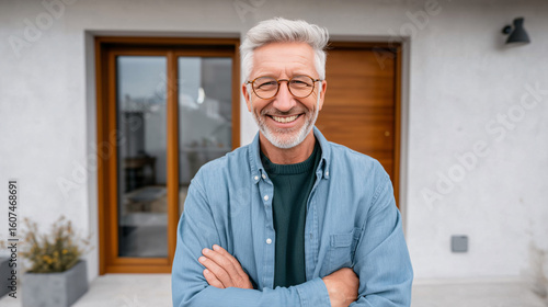 Man smiling in front of his house, concept of work, retirement, and quality of life