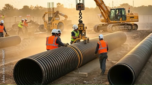 Wallpaper Mural Construction workers install large corrugated pipes with an excavator and crane Torontodigital.ca
