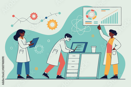 Three scientists in lab coats working with data charts and equipment in a laboratory setting shown here